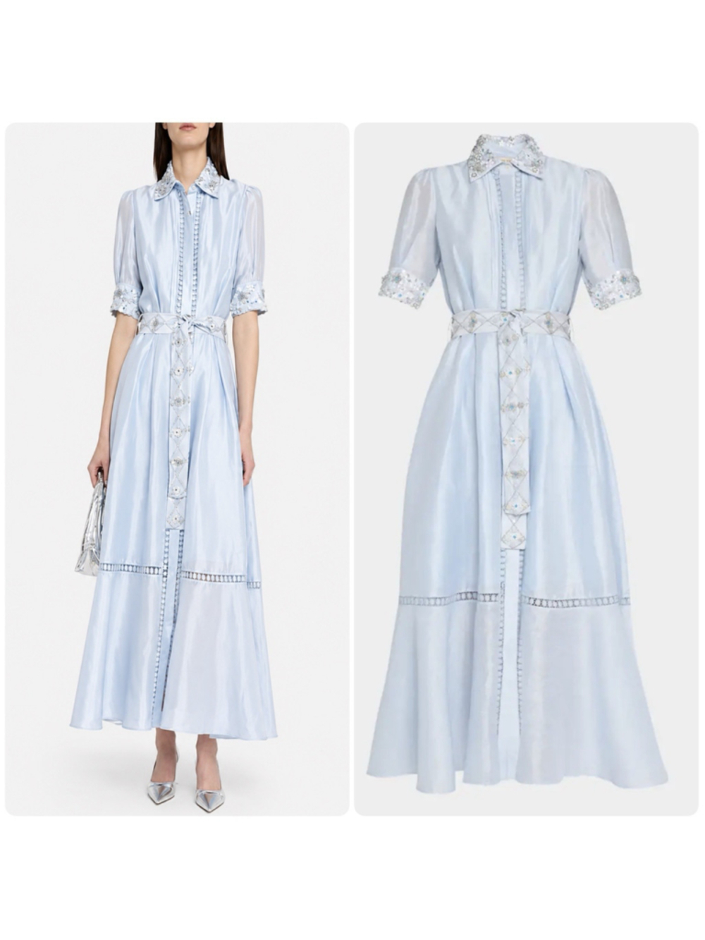 LA FUORI Serene Petale Embellished Silk Linen Maxi Shirt Dress S Ice Blue Garden